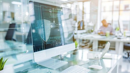 Close-up of a digital screen with a pop-up ad blocked by a shield icon, symbolizing ad-free browsing and online privacy protection in a modern workspace setting.