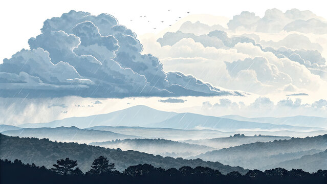  Serene Mountain Landscape with Dramatic Clouds in Monochrome Tones