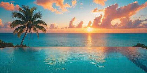 Obraz premium Infinity pool overlooking the ocean at sunset with a palm tree and vibrant sky. Luxurious tropical paradise with serene turquoise water, perfect for relaxation and dream vacations.