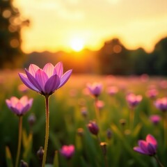 Violet and pink wildflowers bloom in a sun-drenched meadow at sunset , blooming, sunset