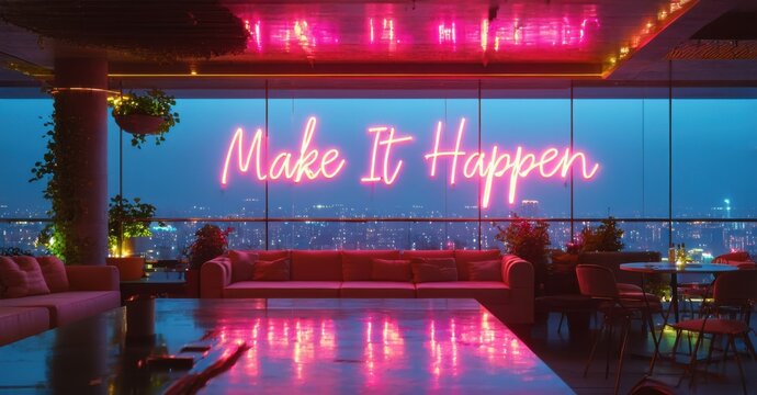 Naklejki Neon sign make it happen bright lime pink glowing rooftop lounge reflecting glass panels panoramic view of sprawling cityscape