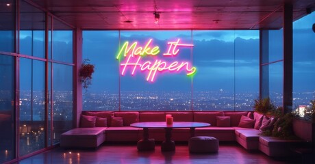 Neon sign make it happen bright lime pink glowing rooftop lounge reflecting glass panels panoramic view of sprawling cityscape