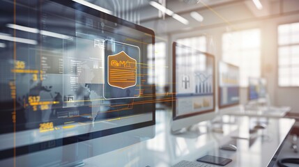 Close-up of a digital screen with a pop-up ad blocked by a shield icon, symbolizing ad-free browsing and online privacy protection in a modern workspace setting.