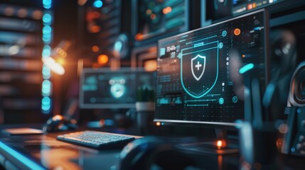 Close-up of a digital screen with a pop-up ad blocked by a shield icon, symbolizing ad-free browsing and online privacy protection in a modern workspace setting.