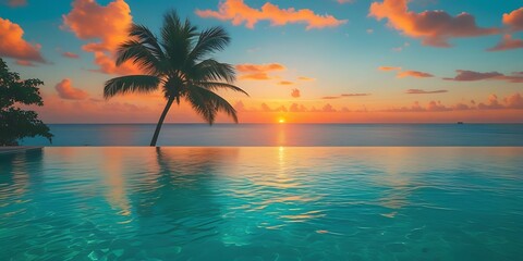 Obraz premium Infinity pool overlooking the ocean at sunset with a palm tree and vibrant sky. Luxurious tropical paradise with serene turquoise water, perfect for relaxation and dream vacations.