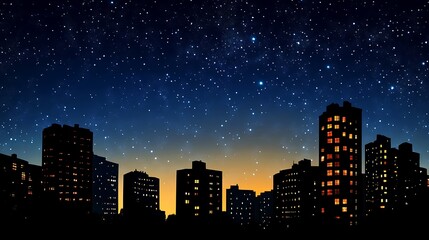 A silhouette of buildings against a starry night sky with a gradient sunset.
