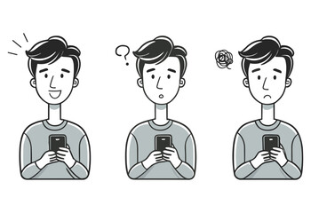 A man is holding a cell phone in his hand. He is looking at the screen with a frown on his face