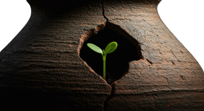 New Life Sprouting from a Cracked Clay Pot