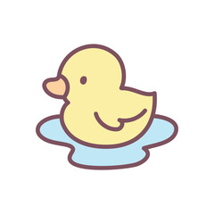 Cute duckling icon. Hand drawn illustration of a little yellow duck swimming in water isolated on a white background. Kawaii spring sticker. Vector 10 EPS.