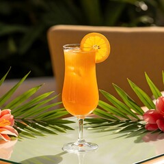 A golden tequila sunrise in a tall glass, orange slice garnish, resting on a sunlit glass bar with a gold cocktail stirrer and tropical flowers, 