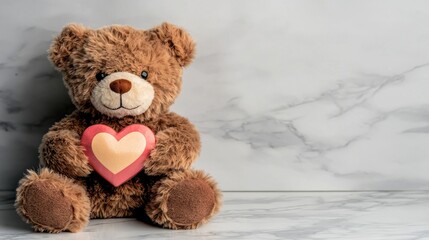 Obraz premium Adorable teddy bear holding a heart-shaped gift on a marble background for Valentine's Day and special occasions