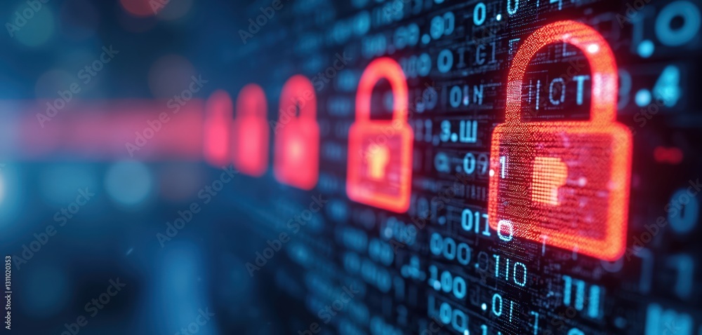 Poster digital display of binary code with prominent red security lock icons. illustrates data protection, 