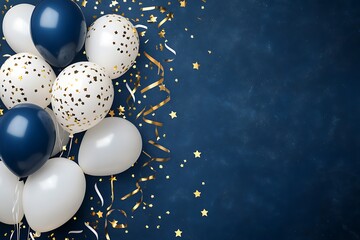 Navy and white balloons with gold confetti on a dark blue background.