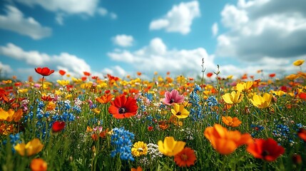 Obraz premium Colorful wildflowers blooming in a vibrant meadow under a bright blue sky creating a picturesque scene of natural beauty and tranquility