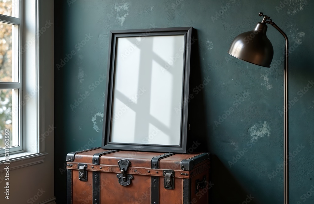 Poster mockup frame leans on vintage trunk against blue wall. window light reflects in empty blank frame. i