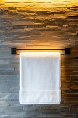 A neatly hung white towel is illuminated against a textured stone wall, creating a serene and modern atmosphere, ideal for spa, bathroom, or home decor visuals,