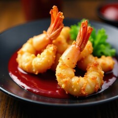 Crispy tempura shrimp on black plate, vibrant red sauce , japanese cuisine, delicious, food styling