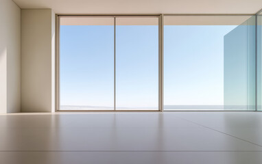 Fototapeta premium Bright and spacious modern interior with large glass windows overlooking the ocean