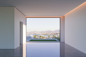 Modern architecture featuring large window with mountain view in a coastal location