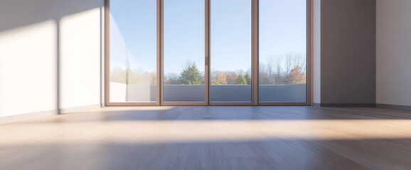 Fototapeta premium Spacious interior with large windows offering a view of nature during daylight