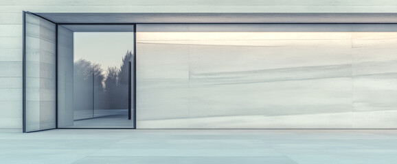 Fototapeta premium Modern architectural design featuring minimalist glass door in serene landscape setting