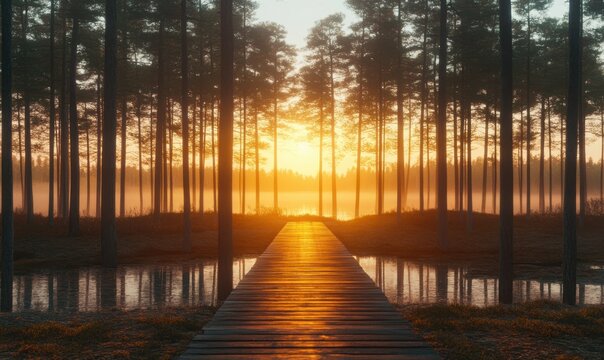 Fototapeta Misty sunrise over forest lake with wooden pier