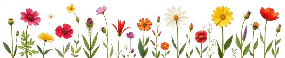 Fototapeta premium Delicate pressed wildflowers, vibrant hues, white backdrop, dry flowers, arrangement
