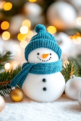 A charming snowman dressed in a blue knitted hat and scarf stands amidst a festive background of holiday decorations, Perfect for Christmas cards, winter promotional materials, or cozy home d&Atilde;&copy;cor,