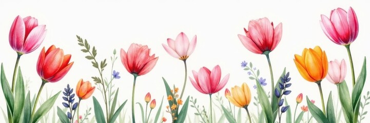 Delicate watercolor tulips & crocuses, seamless spring floral pattern , blossom, wallpaper