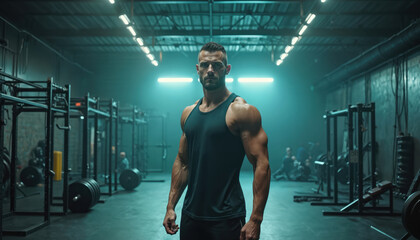 Confident man with strong muscular body stands in gym. Weightlifting equipment background. Fitness centre interior in cinematic style. Focus on sport body silhouette. Bodybuilding, weight training