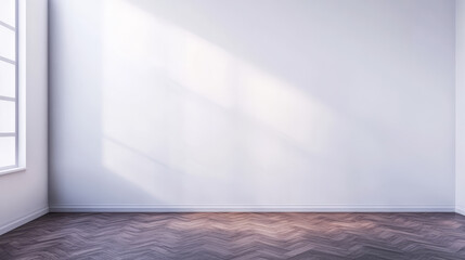 Bright and empty interior space with wooden floor and large window