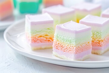 A colorful dessert featuring layered gelatine squares in pastel shades, ideal for food blogs, baking websites, or cookbooks highlighting festive treats and party desserts,