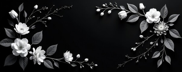 Elegant black and white floral wreath on dark background, respect, white