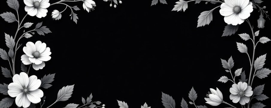 Elegant black and white floral wreath on dark background, memorial, goodbye