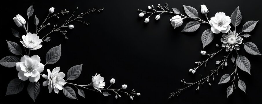 Elegant black and white floral wreath on dark background, respect, white - Powered by Adobe