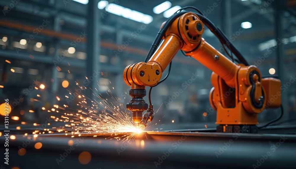 Poster robotic arm welds metal with bright sparks in modern factory. smart manufacturing, industrial automa