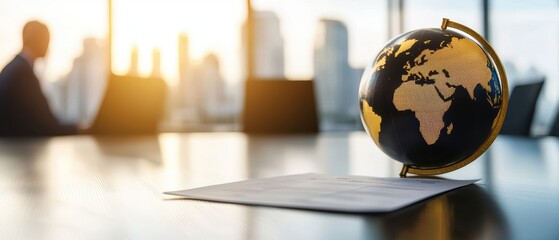 Desk with a travel itinerary printout, in an empty office with a globe, planning a business trip in a professional scene