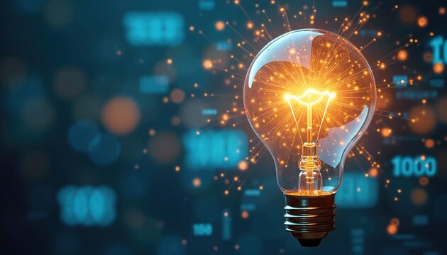 Creative idea generation, innovation light bulb metaphor. Glowing lightbulb with digital data streams, sparks. Digital transformation, technology solutions, big data analysis, machine learning, AI - Powered by Adobe