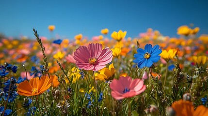 Blooming wildflowers filling a meadow with bright colors under a clear blue sky