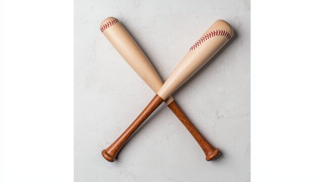 Two wooden baseball bats crossed on a white background.