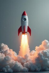 Innovative lightbulb rocket taking off against a soft gray, soft, progress