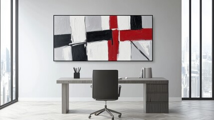 Abstract art on an office wall, in an empty room with a desk, adding style to a business context