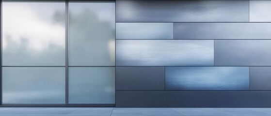 Modern architectural wall design with reflective glass and textured panels at urban location