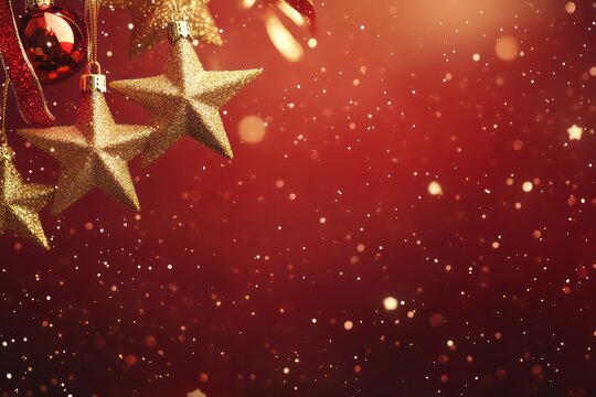 A Christmas greeting banner with twinkling golden stars, red festive background, and space for custom text, hyper-realistic textures