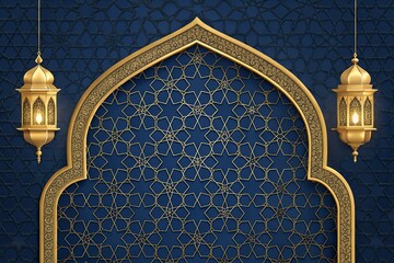 Elegant golden arches and lanterns with detailed geometric patterns on a blue backdrop, bringing an Islamic background rich with tradition and luxury