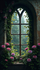 Beautiful fantasy castle window looking out to forest, peaceful old room with flowers growing on walls