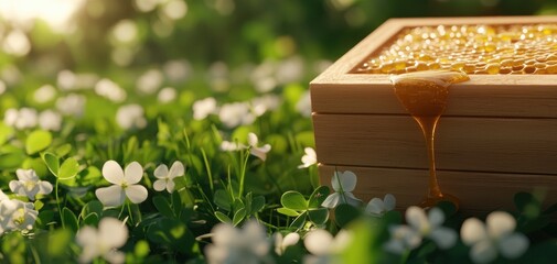 Beehive with honey dripping, in a sunny field with clover, buzzing with summer life in a natural scene