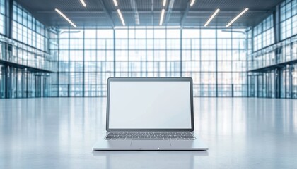 Brochure mockup on a table, in an empty office with a laptop, showcasing promotional tools in a creative business environment