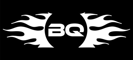 Futuristic abstract Logo with Fiery Flame Motif and Geometric 'BQ' Emblem, Black and White Artwork