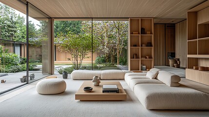 Fototapeta premium Modern Minimalist Living Room Green Garden View Luxury Interior Design